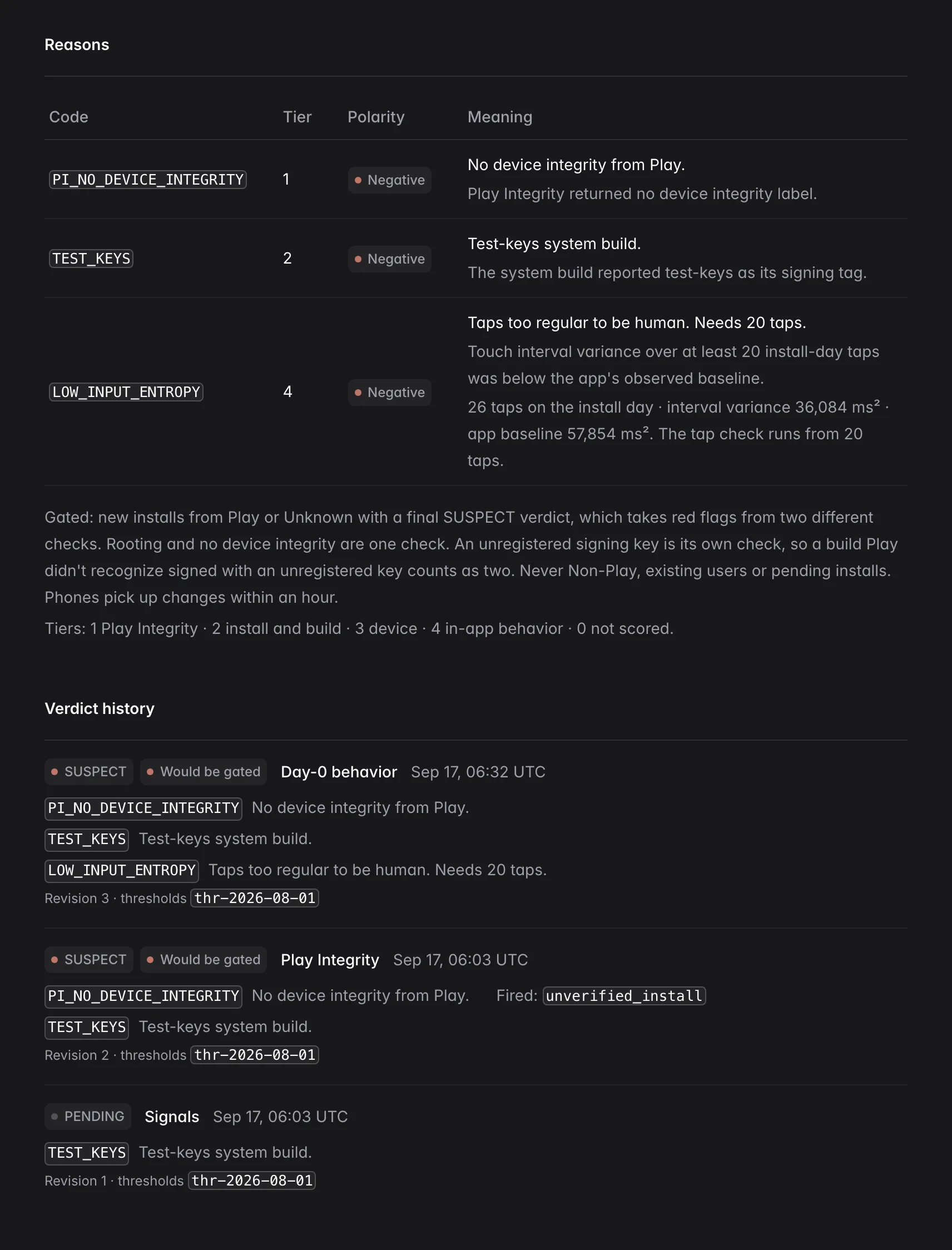 Install detail: three negative reason codes with tier and meaning, and a verdict history of three revisions from pending to SUSPECT.