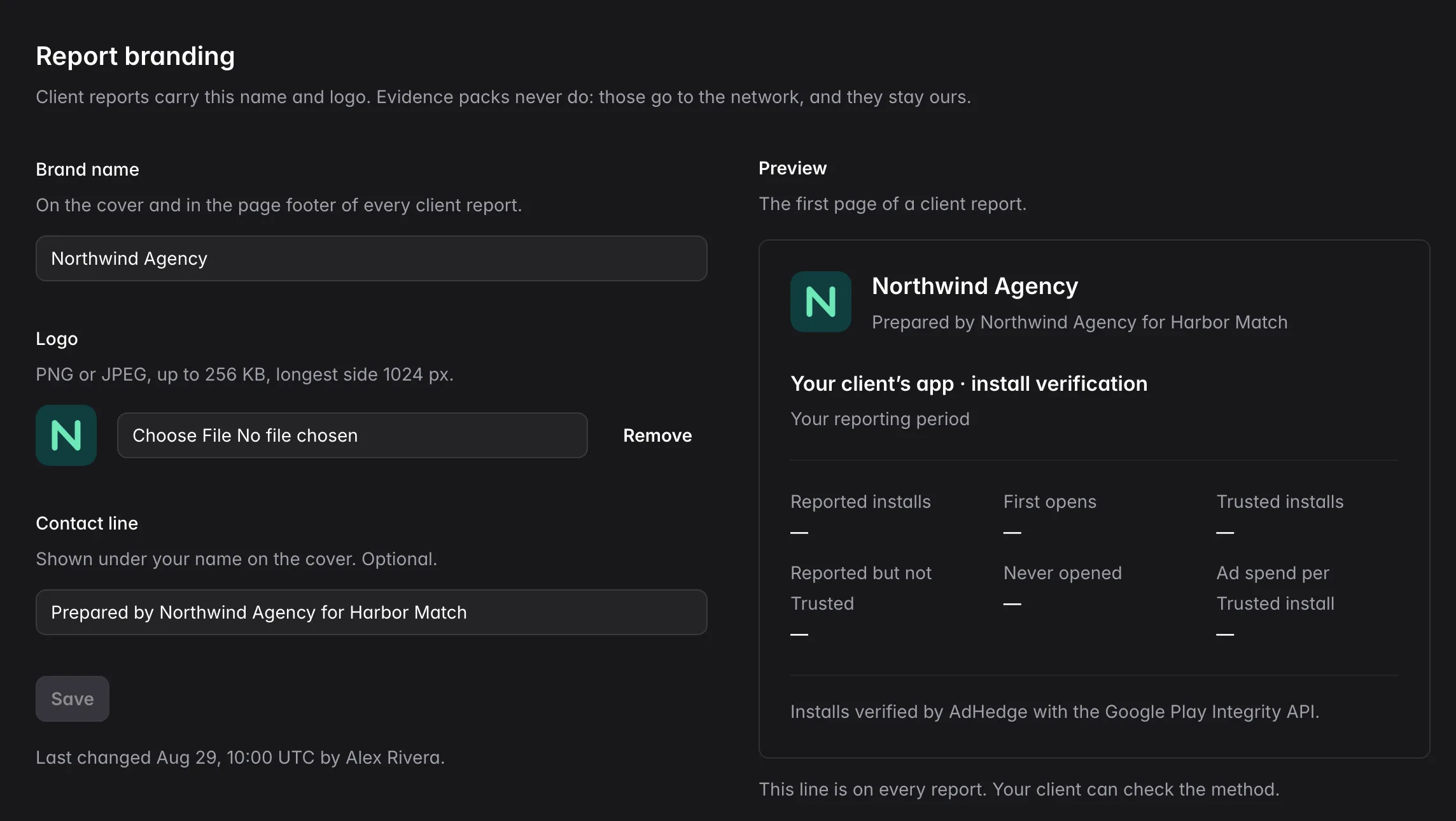 AdHedge console, Report branding: brand name, logo and contact line for Northwind Agency, beside a preview of the first page of a client report carrying that name, logo and the line "Installs verified by AdHedge with the Google Play Integrity API."